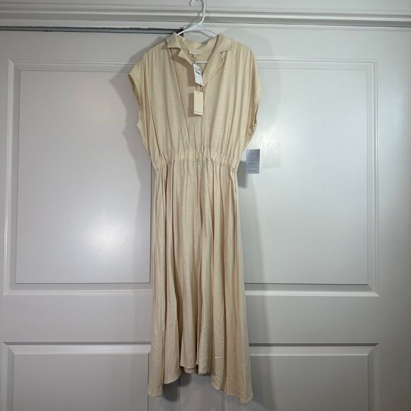 Melloday Notch Collar Short Sleeve Midi Cream Dress M - NEW - Picture 4 of 14